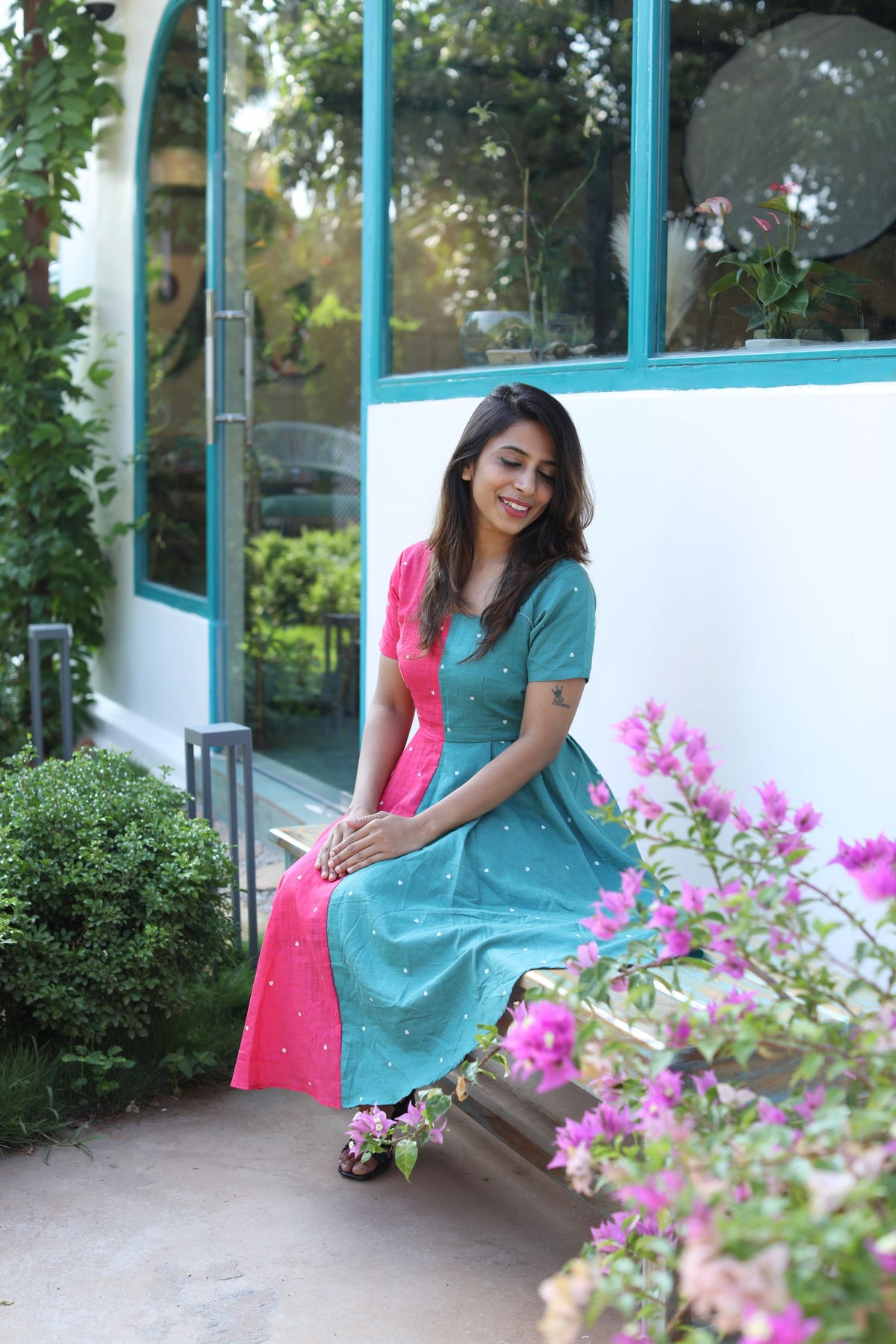 Kavya – Half & Half Pink and green Dress with hearts