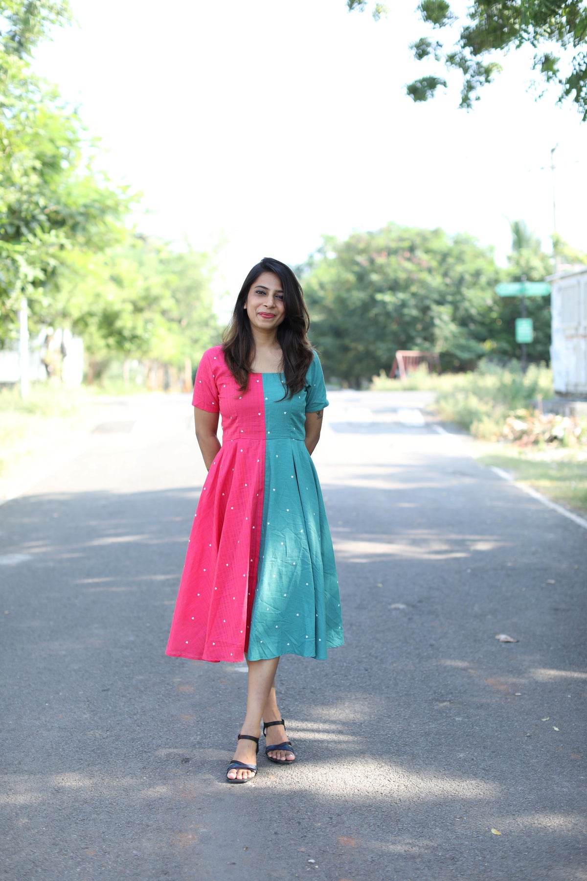 Kavya – Half & Half Pink and green Dress with hearts