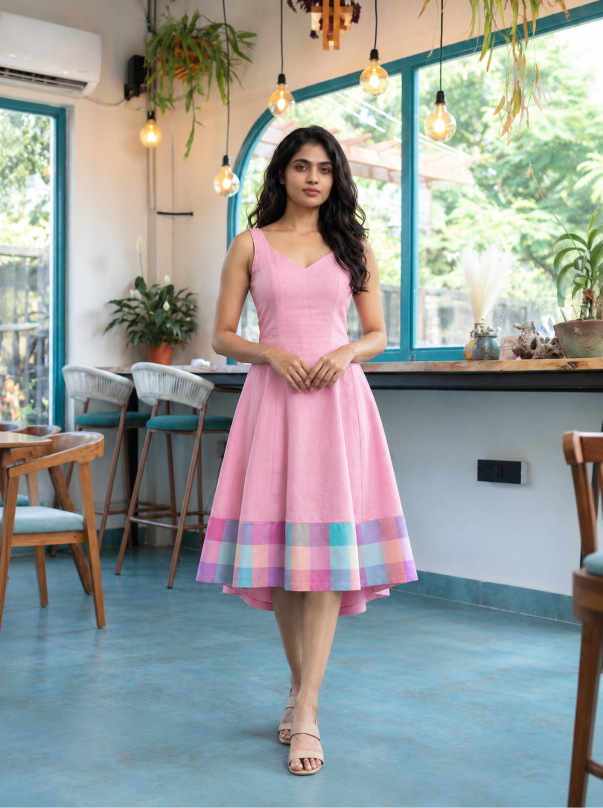 Gargi - Baby Pink with Pastel Checks Border