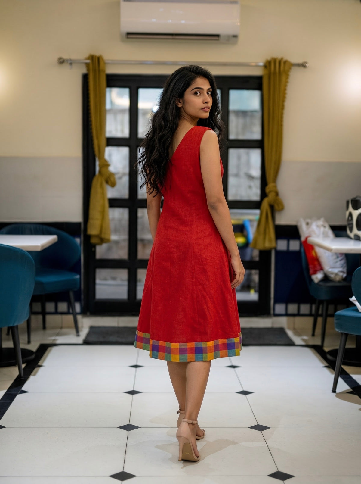 Ehana - Red Dress with Madras checks Border