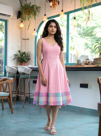Gargi - Baby Pink with Pastel Checks Border