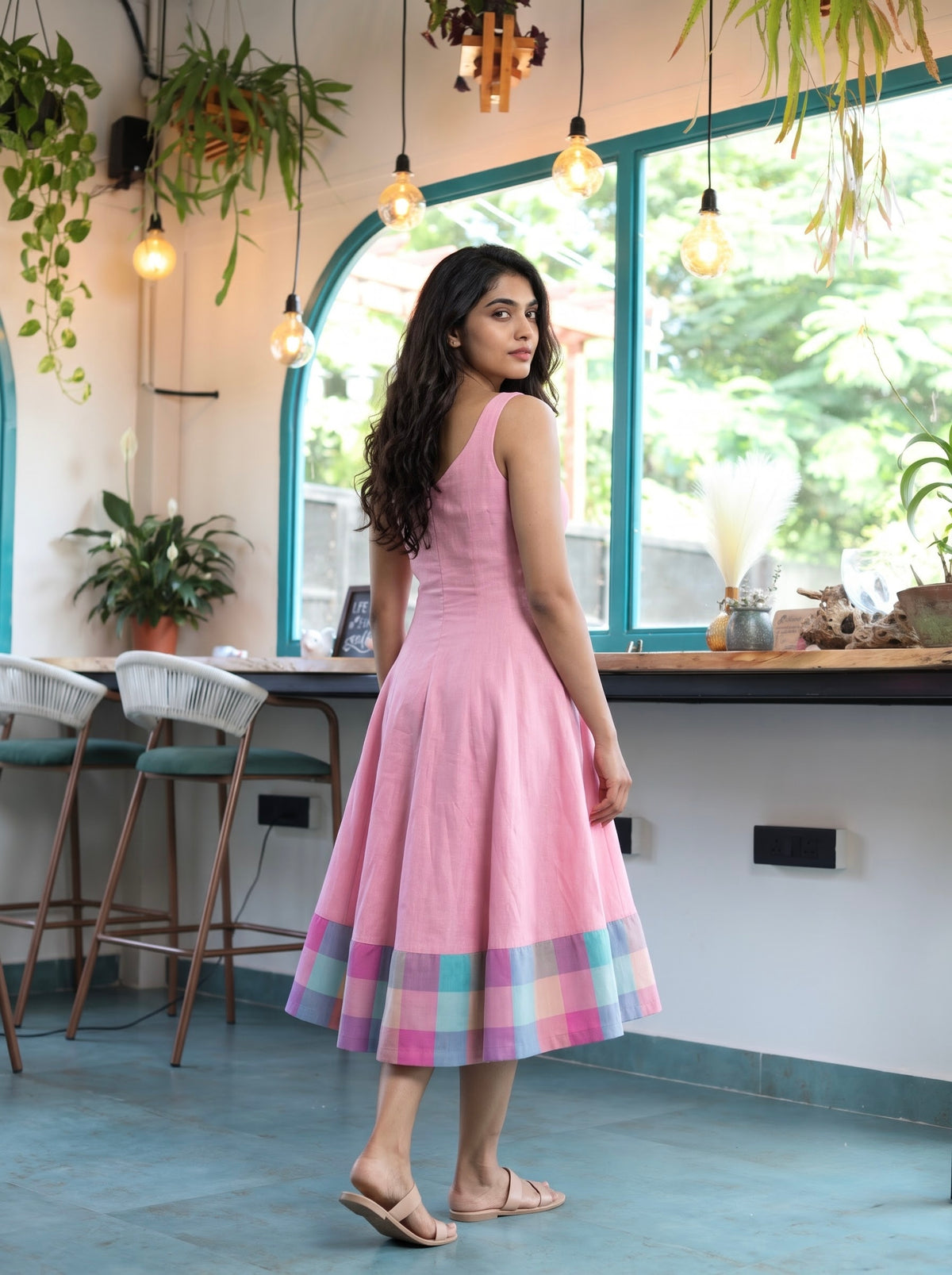 Gargi - Baby Pink with Pastel Checks Border